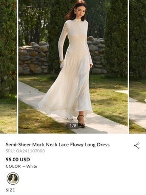 Commense Elegant White Lace Mock-Neck Long Sleeve Maxi Dress NWT